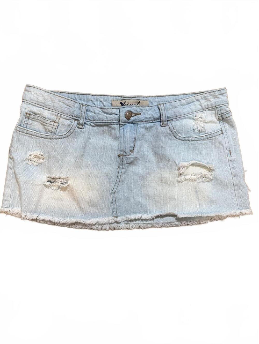 Y2K Wet Seal Denim Skirt Womens Size 5 Blue Light Wash Distressed Mini Raw Hem
